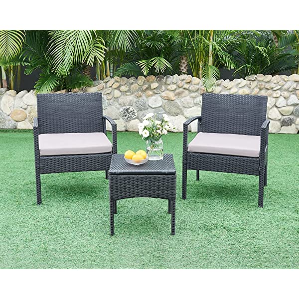 PROHIKER 3 PCS Patio Rattan Conversation Chair Set, 3 PCS Patio Wicker Rattan Furniture Set, Patio Wicker Rattan Table Brown