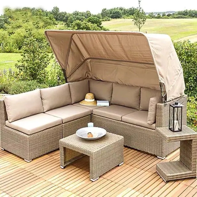 【Home&Garden】Outdoor rattan sofa courtyard open-air canopy shade waterproof bed coffee table rattan furnitur