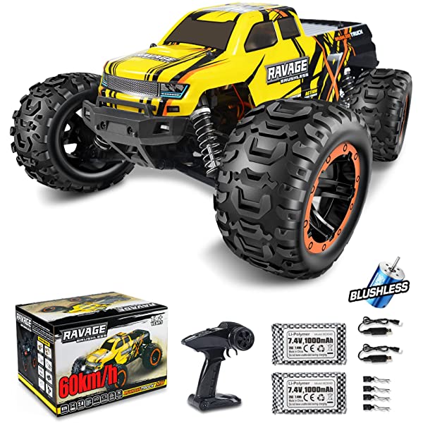 NUOKE Brushless RC Cars 1:16 Scale RTR 60km/h Remote Control Truck High Speed 4WD 2.4Ghz Waterproof Monster Truck with 2 Rechargeable Batteries Offroad Gift for Boys Car for Kids and Adults 1-yellow