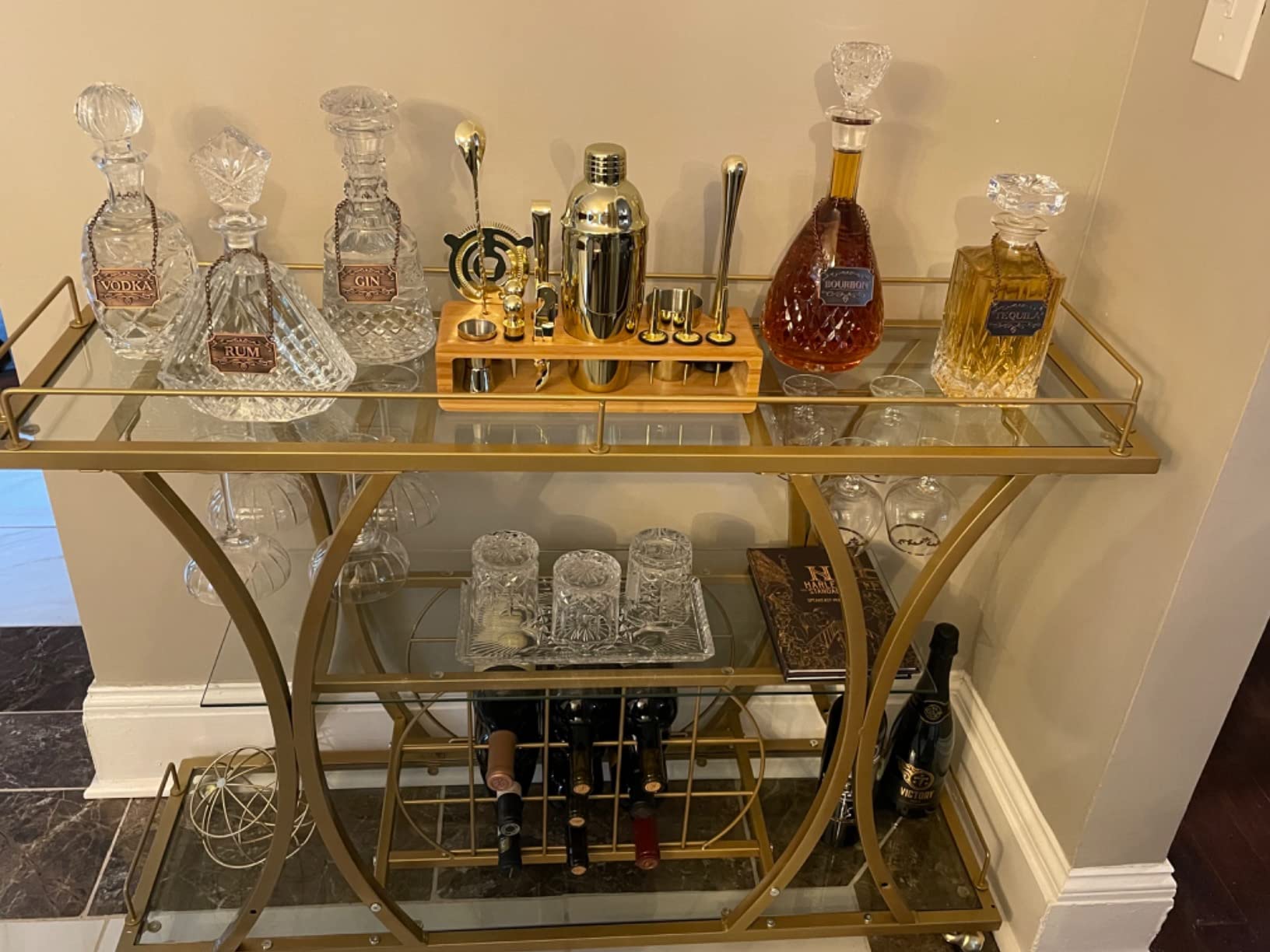 【Furniture】Bar Serving Cart with Glass Holder and Wine Rack, 3-Tier Kitchen Trolley, Mobile Wine Cart for Home