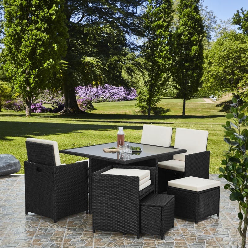 RayGar Deluxe 9 Piece 8 Seater Rattan Cube Dining Table Garden Furniture Patio Set (Grey/Black)