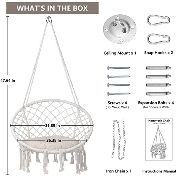 HBlife Hammock Chair, Hanging Swing with Macrame and Cushion, Max 330 Lbs, Beige Hanging Cotton Rope Chair for Indoor, Outdoor, Bedroom, Patio, Yard, Deck, Garden, Porch