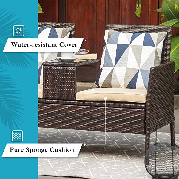 M&W Outdoor Patio Furniture, Wicker Loveseat with Glass Table for Balcony, PE Rattan Bistro Set for Lawn, Garden, Backyard (Throw Pillow NOT Included)
