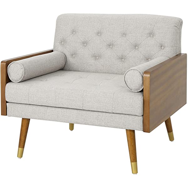 Christopher Knight Home Greta Mid Century Modern Fabric Club Chair, Beige, Dark Walnut