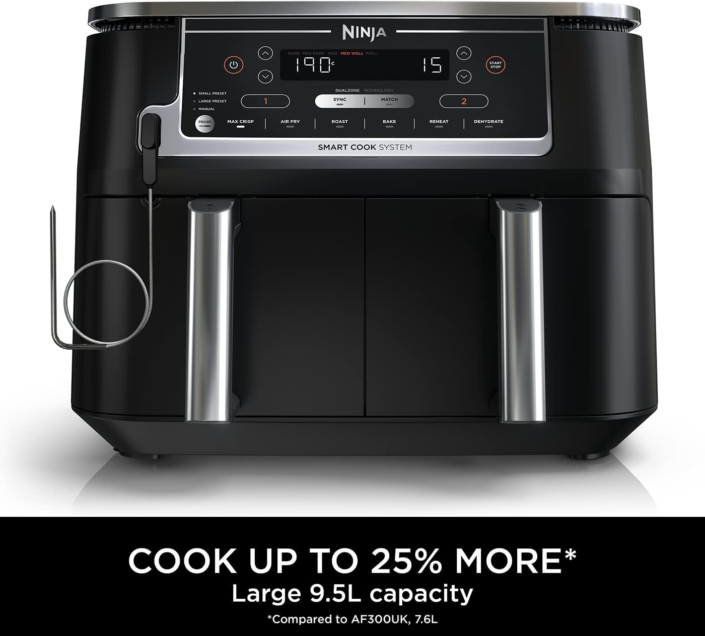 Ninja Foodi MAX Dual Zone Air Fryer [AF451UK] Smart Cook System, 9.5L, 2 Drawers, 6 Functions, ‎Black/Silver