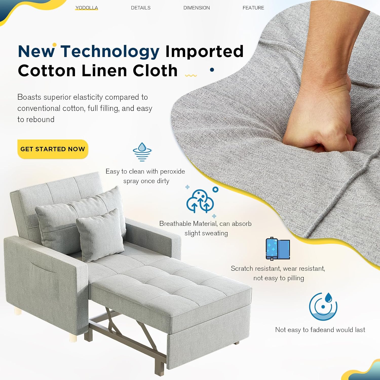 YODOLLA 3-in-1 Convertible Chair Bed, Sleeper Chair Bed, Pull Out Sleeper Chair Beds, Adjustable Single Armchair Sofa Bed with Side Pocket and Adjust Backrest Into a Sofa, Grey