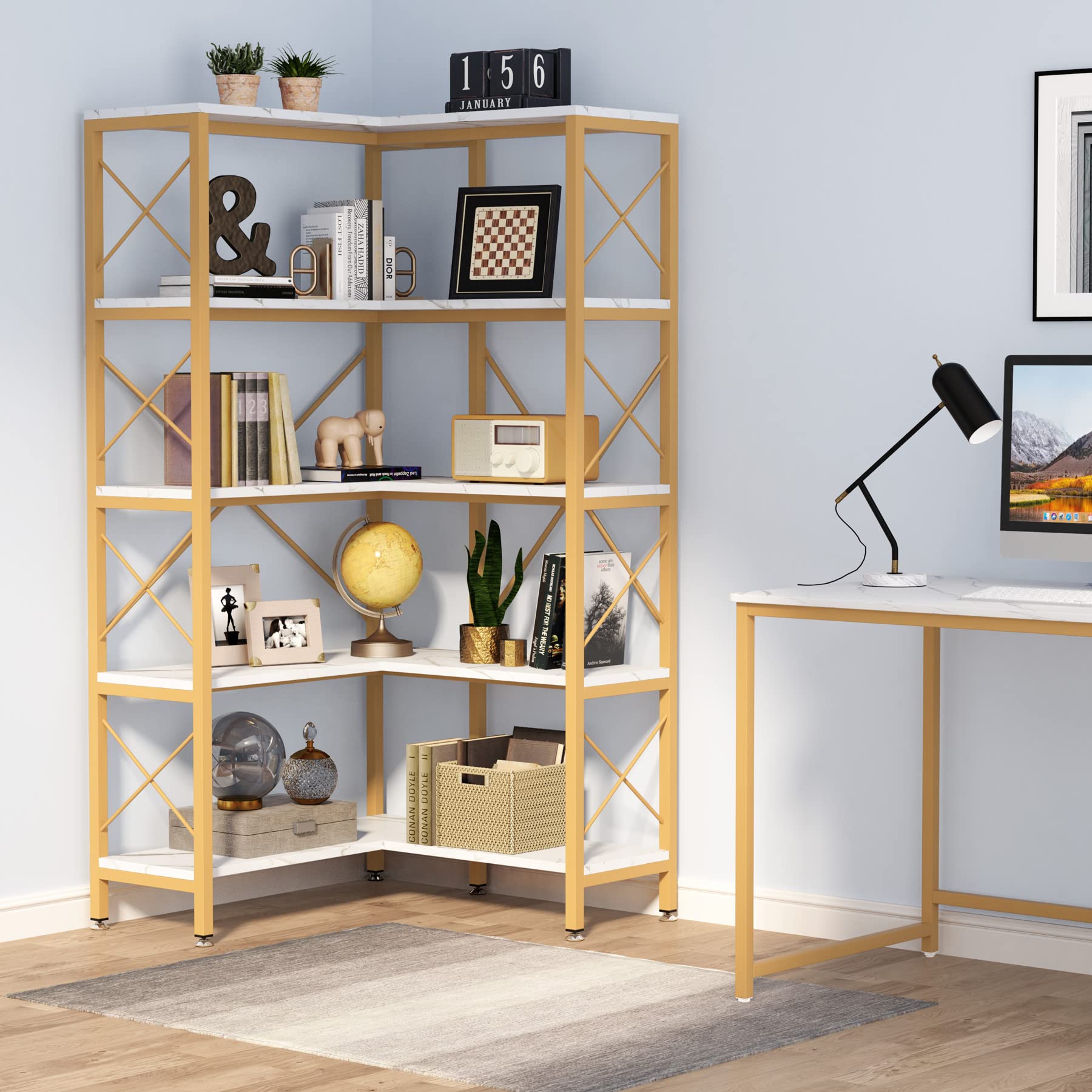 【Furniture】5-Shelf Corner Bookshelf, Large Modern Corner Bookcase, 5-Tier Tall Corner Shelf Storage Display Rack