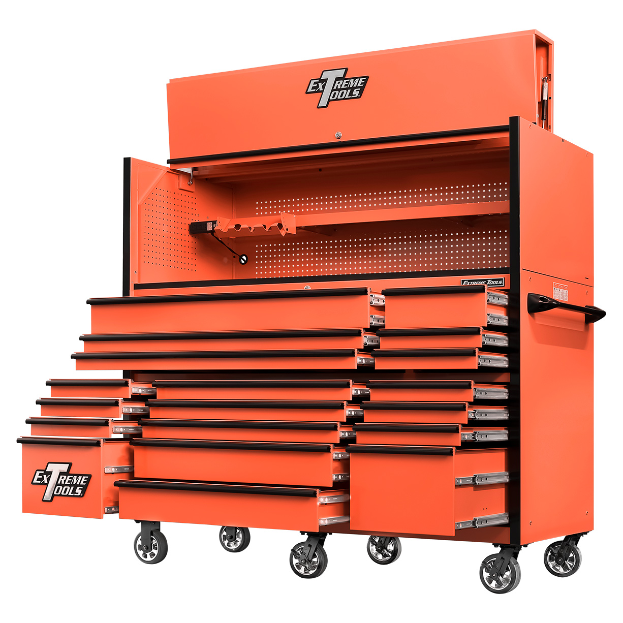 used toolboxExtreme Tools 72in. x 30in. 19 Drawers Triple Bank Roller Cabinet and Power Workstation Hutch Combo