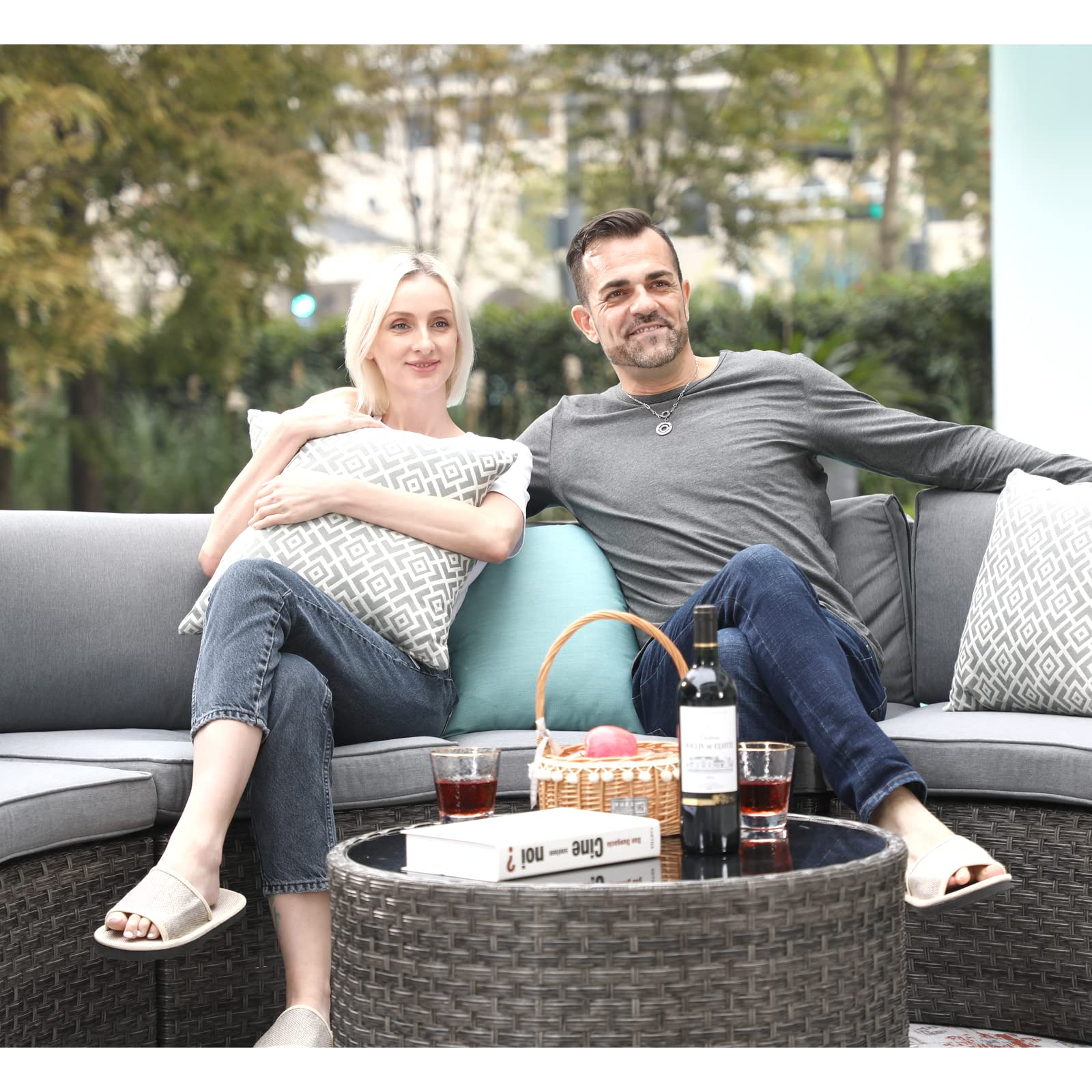 【Home&Garden】Outdoor Patio Furniture 11-Piece Half-Moon Sectional Round Patio Furniture Set