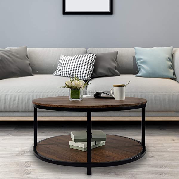 Round Coffee Table Rustic Vintage Industrial Design Furniture Sturdy Metal Frame Legs Sofa Table Cocktail Table with Storage Open Shelf for Living Room, Easy Assembly, Gray Brown
