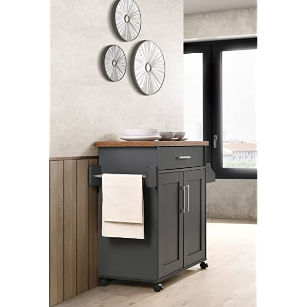 Hodedah Kitchen Island with Spice Rack, Towel Rack & Drawer, Black with Beech Top Black-beech