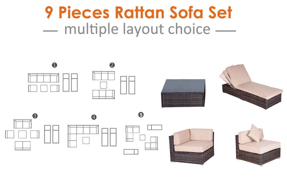 【Furniture】9 PCS Patio Outdoor Furniture Sets, Sectional Manual Weaving Wicker Conversation Sofa Set