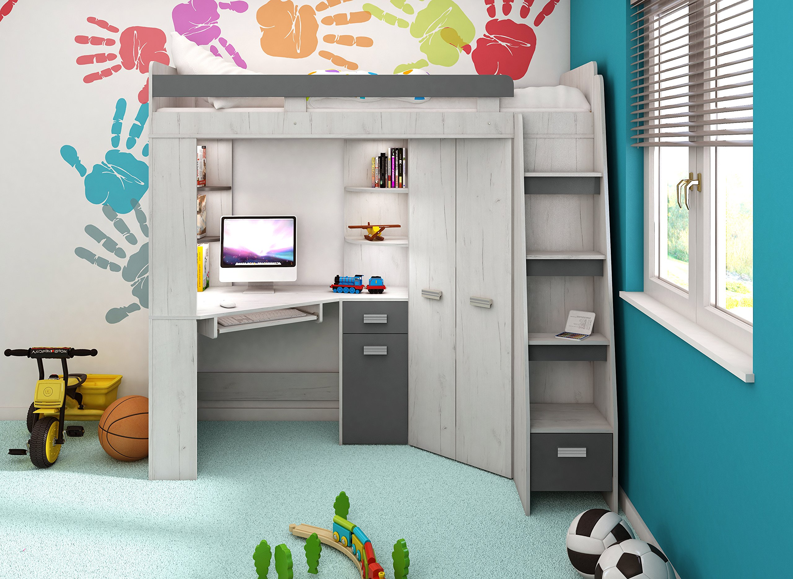 【Furniture】High Sleeper/Bunk Bed - All In 1 Right or Left Hand-side Stairs - Kids/Children Furniture Set