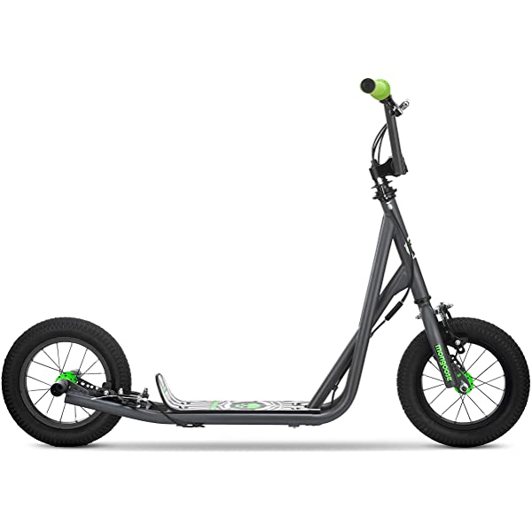 Mongoose Expo Youth Scooter, Front and Rear Caliper Brakes, Rear Axle Pegs, 12-Inch Inflatable Wheels, Non Electric Green/Grey