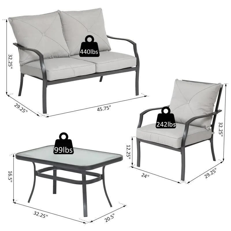 【Home&Garden】Outsunny 4 Pcs Metal Frame Garden Chatting Set w Sofa 2 Chairs Glass Top Table Foam Cushions