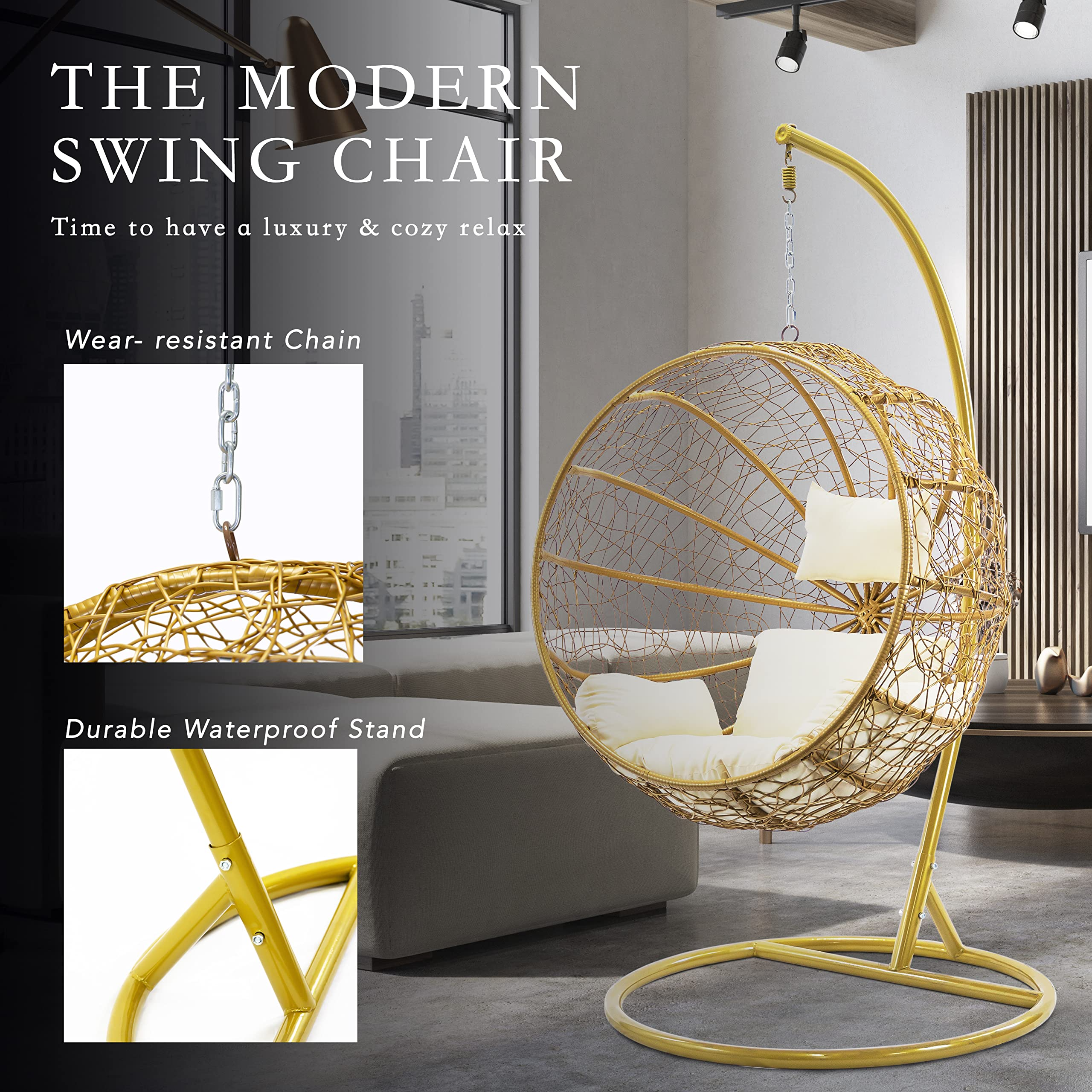 【Home&Garden】Porch Swing Chair with Stand, Cushion & Pillow, Goldden Egg Rattan Wicker Swing Hanging Chair