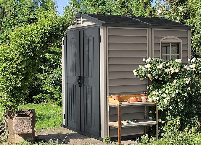 Duramax StoreMate PLUS 6 x 6 (3.65 m2) Plastic Garden Shed with Heavy-Duty Plastic Floor & Fixed Window, Strong Metal Roof Structure, Fire Retardant & Maintenance-Free Storage Shed, Dark Grey & Adobe