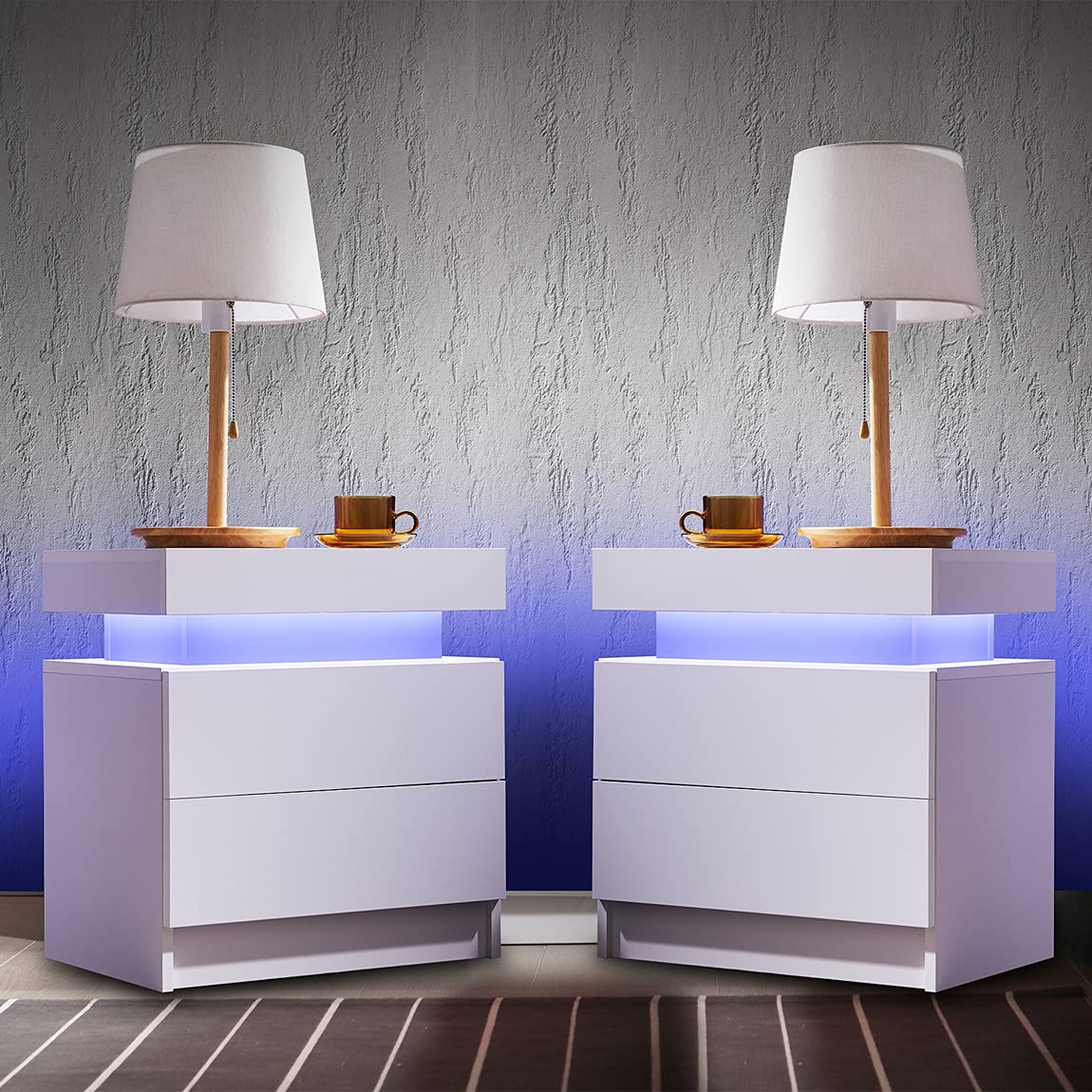 【Furniture】Nightstand Set of 2 LED Nightstand with 2 Drawers, Bedside Table with Drawers for Bedroom Furniture