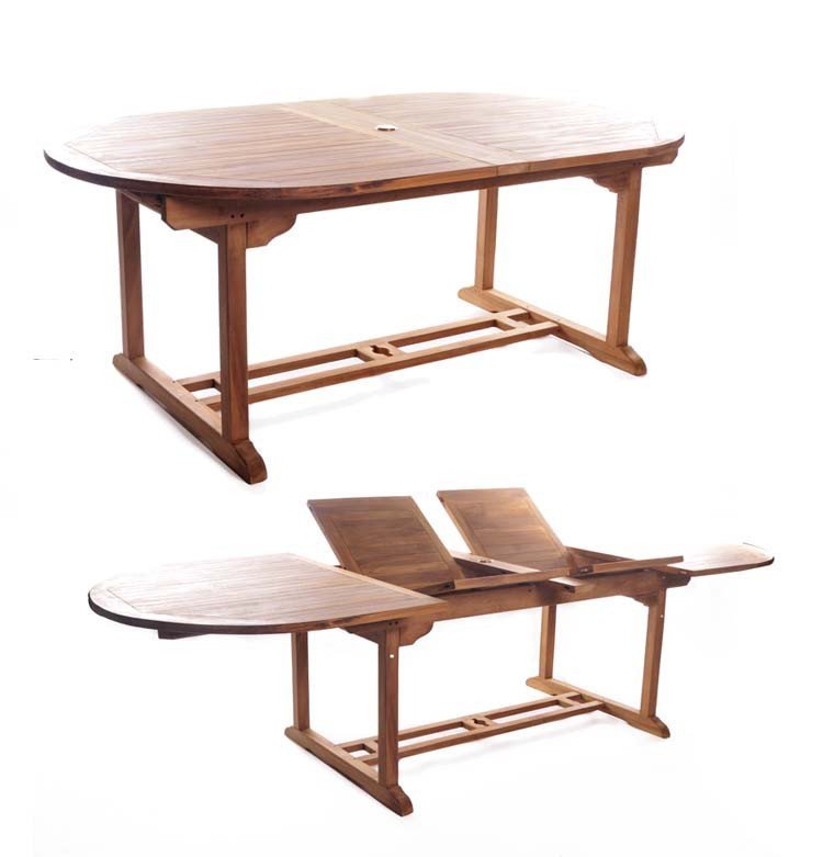 This teak garden dining set is amazing value - double extending table 1.8m to 2.4m, 8 x teak stacking chairs, free 3m parasol and cushions