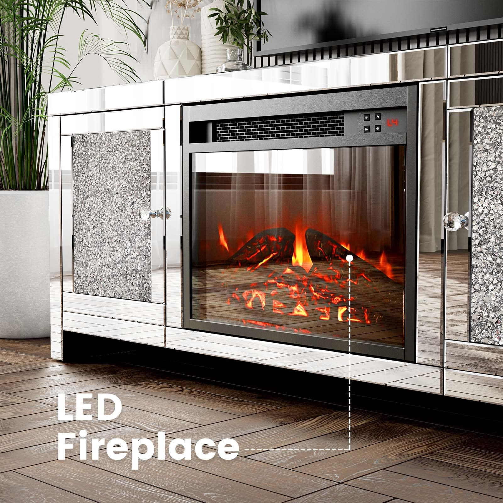 【Furniture】Mirrored Fireplace TV Stand, Mirrored Media Entertainment Center for TV up to 55 inch