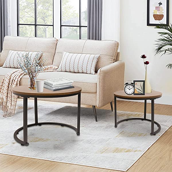 aboxoo Coffee Table Nesting Side Set of 2 End Table Top Sturdy Metal Frame Wood Desk Centerpiece Living Room Bedroom Apartment Modern Industrial Simple Nightstand