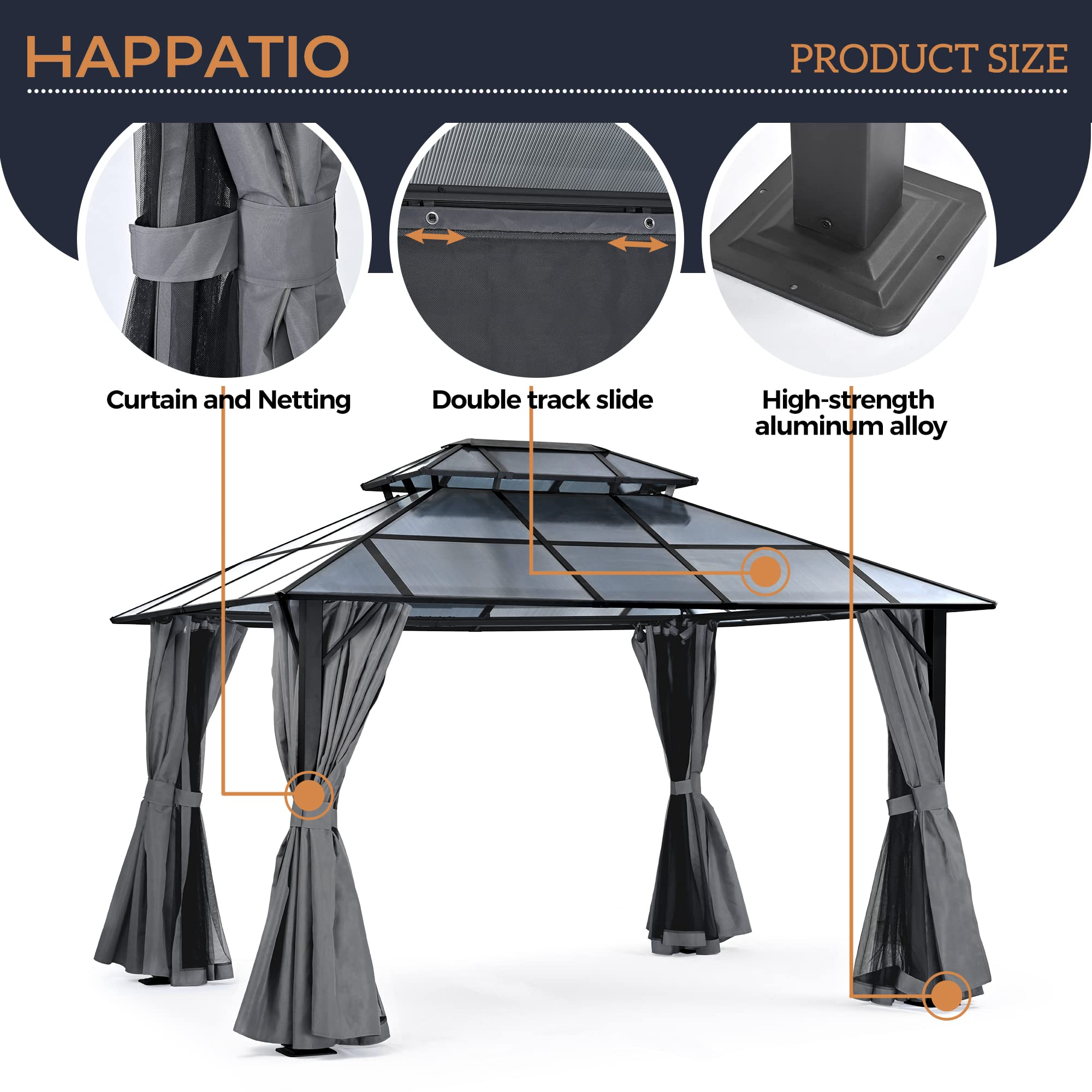【Gazebo】10'x12' Outdoor Polycarbonate Double Hardtop Roof Gazebo, Aluminum Furniture Gazebo Canopy