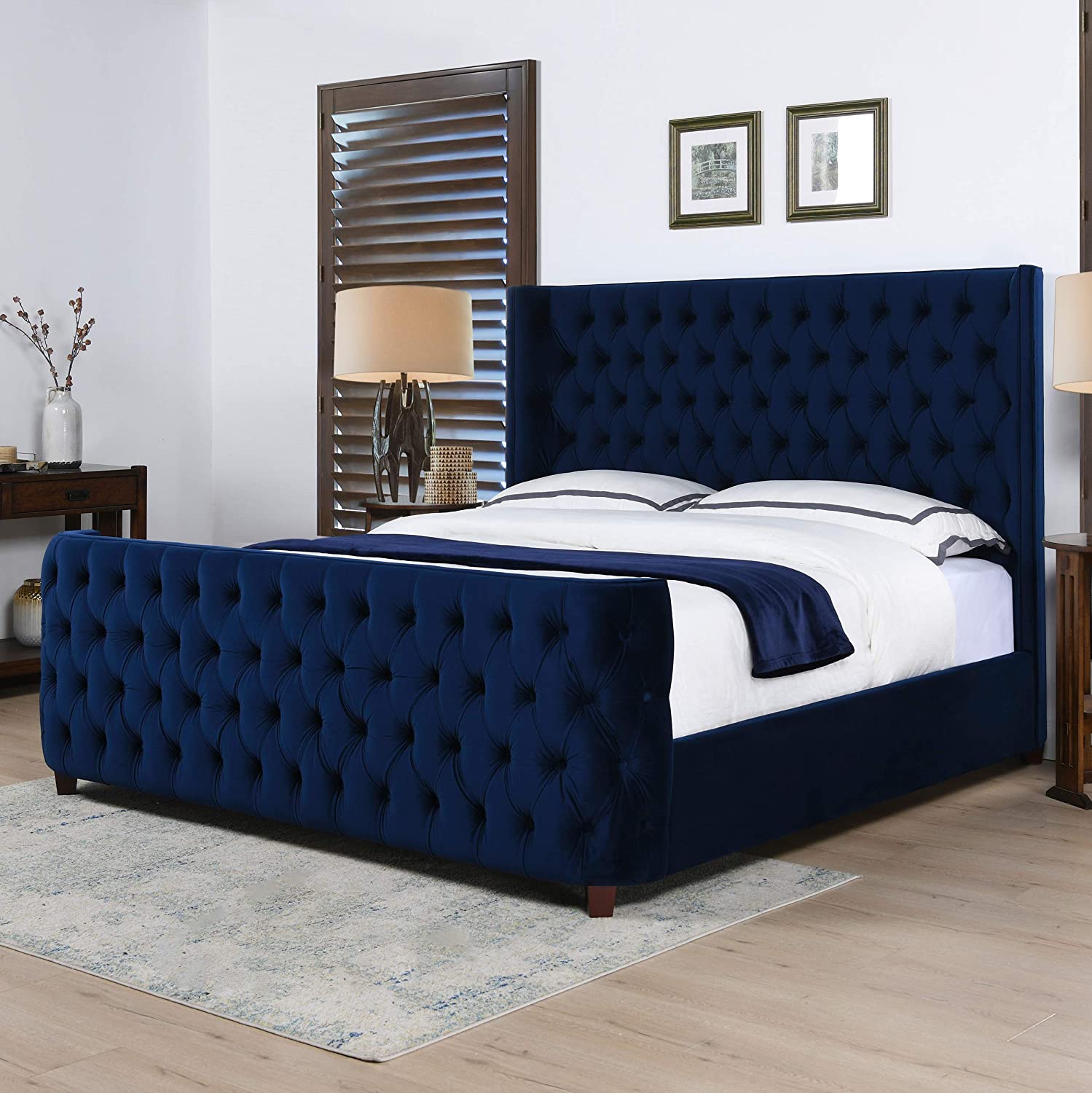 【Furniture】Tufted Panel Bed Headboard and Footboard Set, King, Light Beige