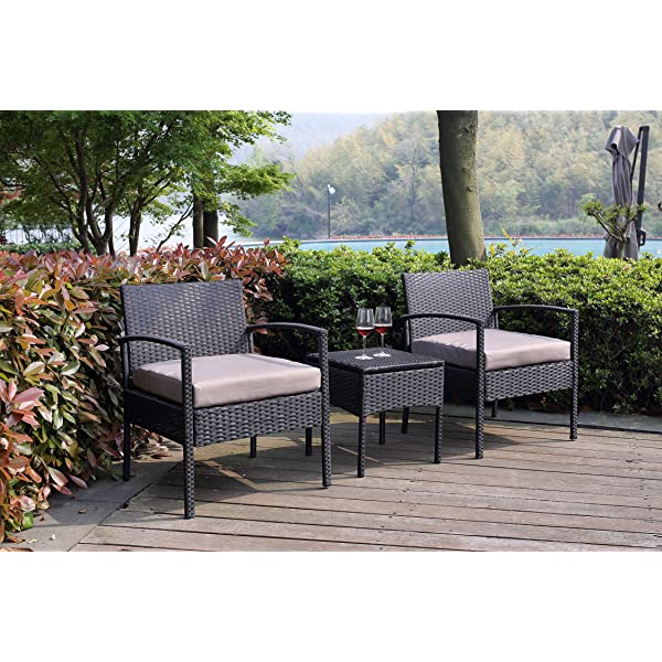 PROHIKER 3 PCS Patio Rattan Conversation Chair Set, 3 PCS Patio Wicker Rattan Furniture Set, Patio Wicker Rattan Table Brown