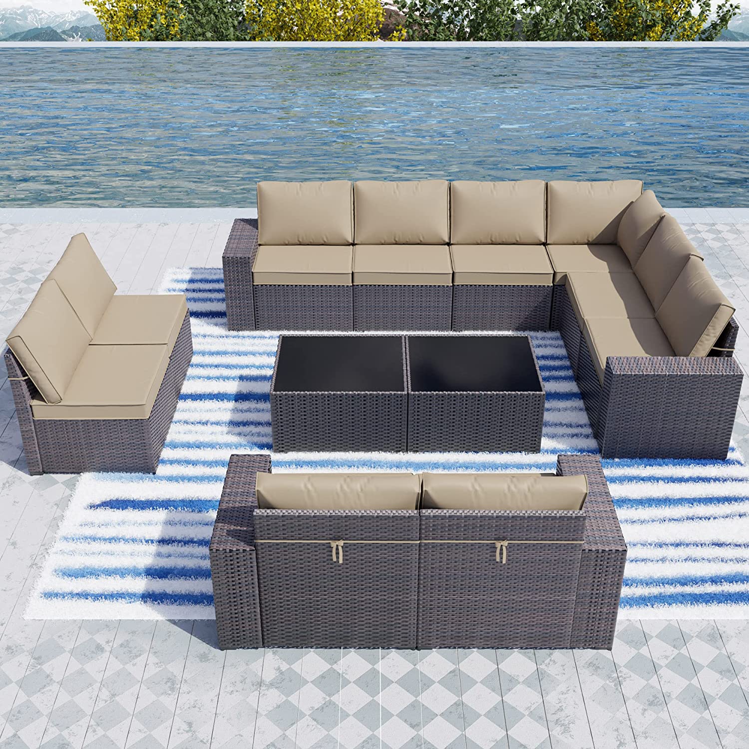 【Furniture】Outdoor Patio Furniture Set 12-Pc Sectional Rattan Sofa Set Brown PE Wicker Patio Conversation Set