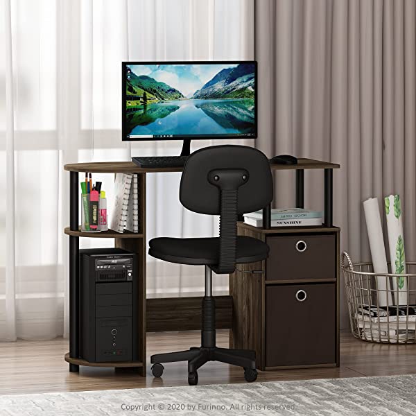 FURINNO Jaya Computer Study Desk with Bin, Brown Espresso