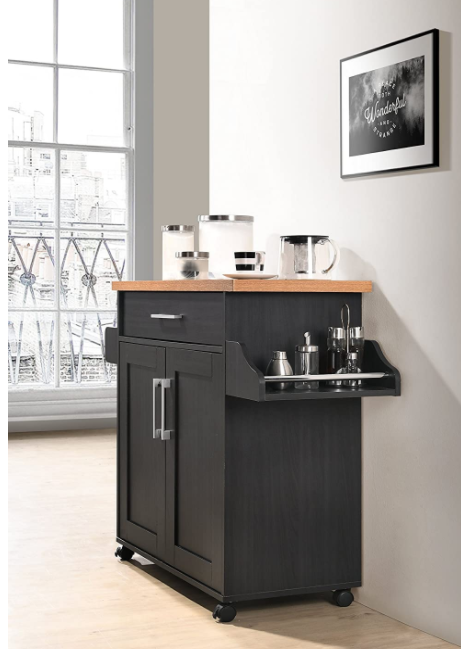 Hodedah Kitchen Island with Spice Rack, Towel Rack & Drawer, Black with Beech Top
