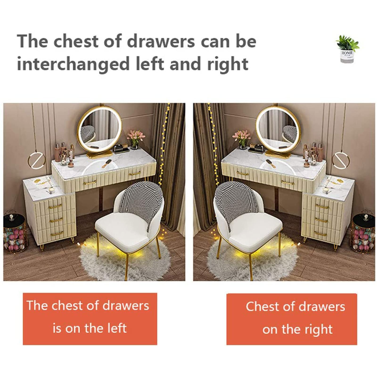 【Furniture】Marble Dresser Set with Illuminated LED Touch Screen Dimmable Round Mirror Makeup Cabinet