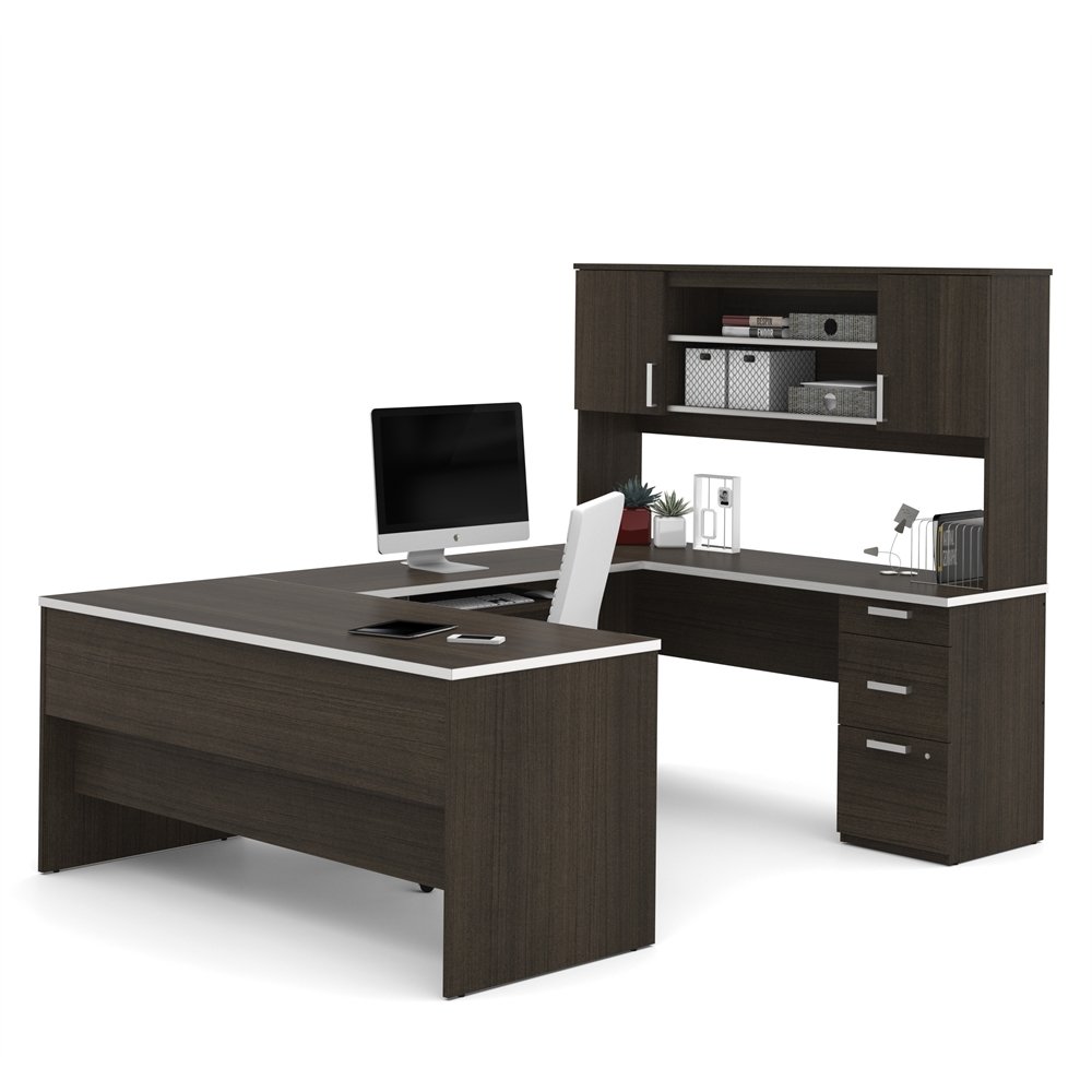 【Furniture】Bestar Ridgeley U-Shaped Executive Desk with Pedestal and Hutch, 65W, White Chocolate