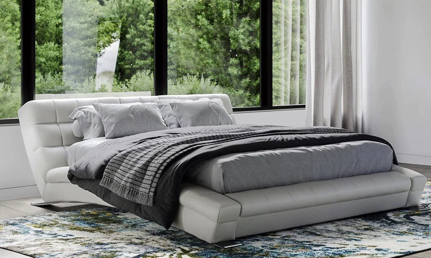 【Furniture】Modern Adonis Black Tufted Genuine Leather Platform Bed - King