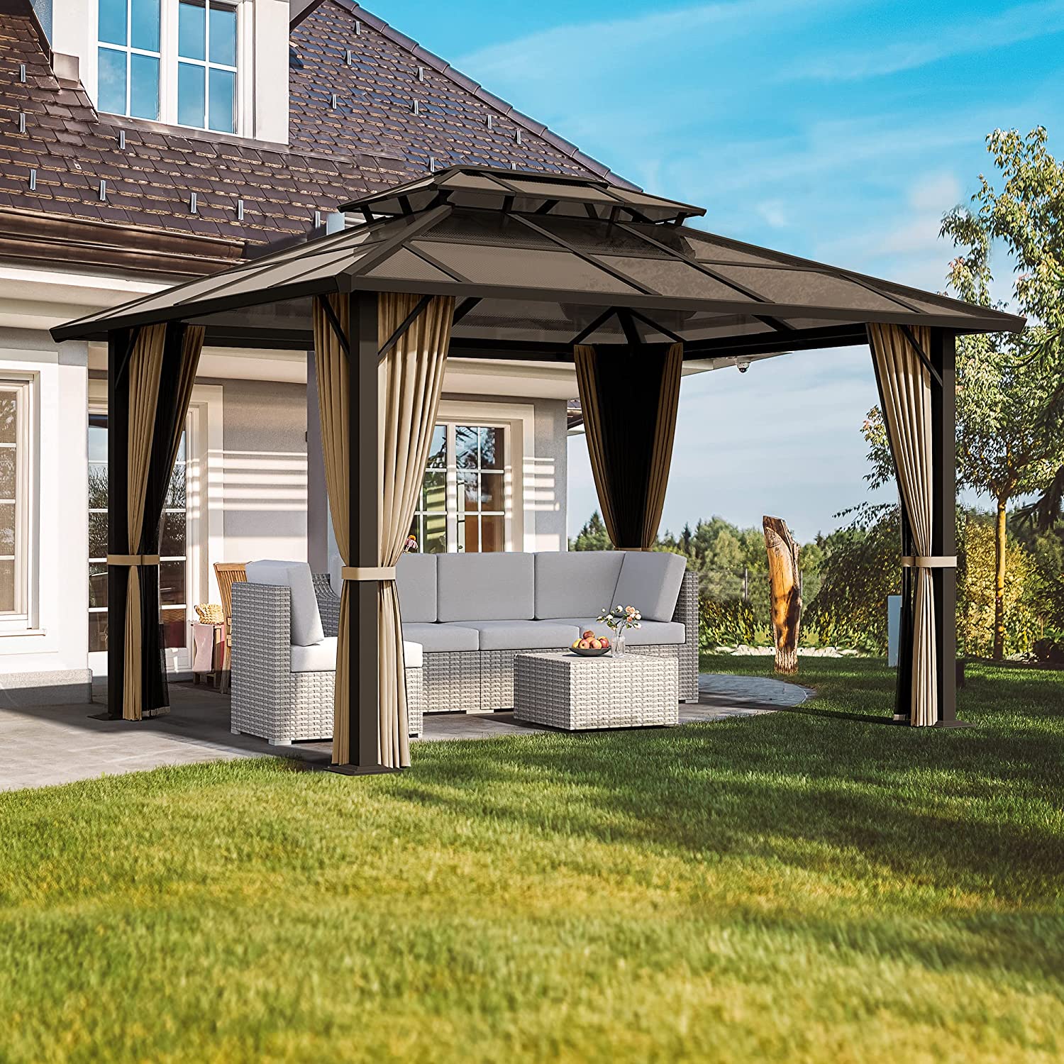 【Gazebo】10'x12' Outdoor Polycarbonate Double Hardtop Roof Gazebo, Aluminum Furniture Gazebo Canopy