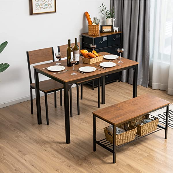 Giantex Dining Table Set for 4, Kitchen Table with Bench and Chairs, Industrial Gathering Bench Dining Set W/Metal Frame & Storage Rack, Dinette Set, Modern Functional Desk Set (Black Oak)