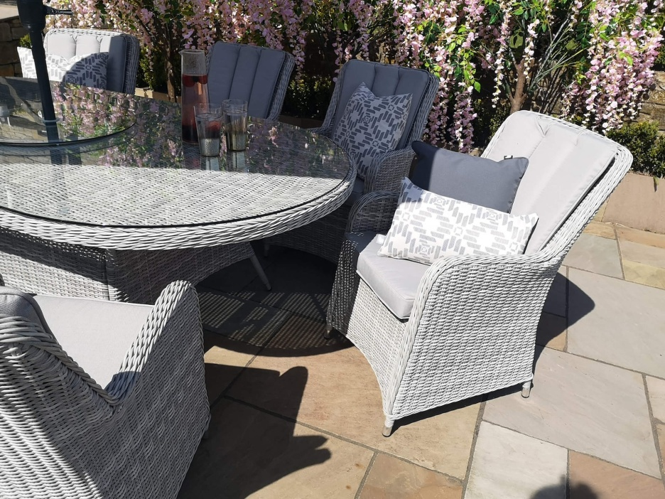 MALIBU 8 SEAT OVAL RATTAN DINING SET IN LIGHT GREY