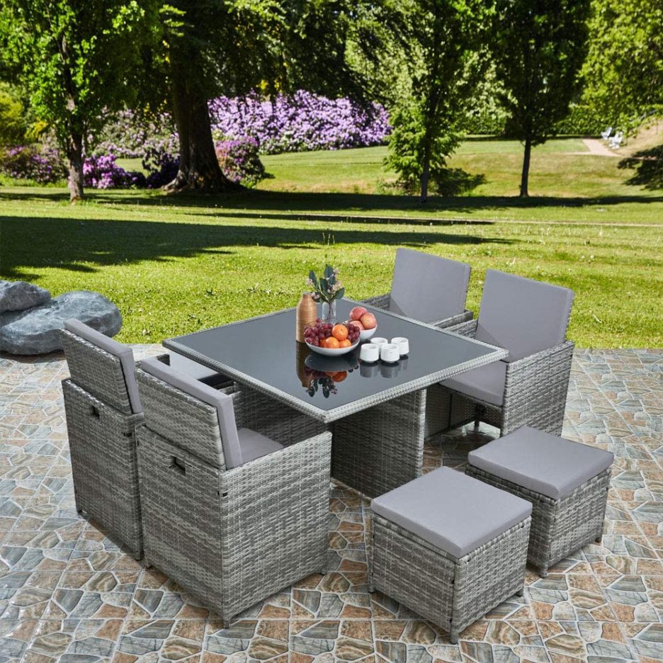 RayGar Deluxe 9 Piece 8 Seater Rattan Cube Dining Table Garden Furniture Patio Set (Grey/Black)