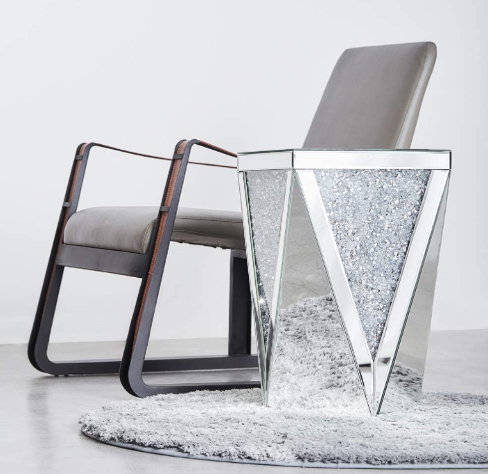 Mirrored End Table with Crystal Inlay, Square Modern Side Table Silver Accent Table, Drum End Table for Living Room Bedroom from MIREO Fine Furniture