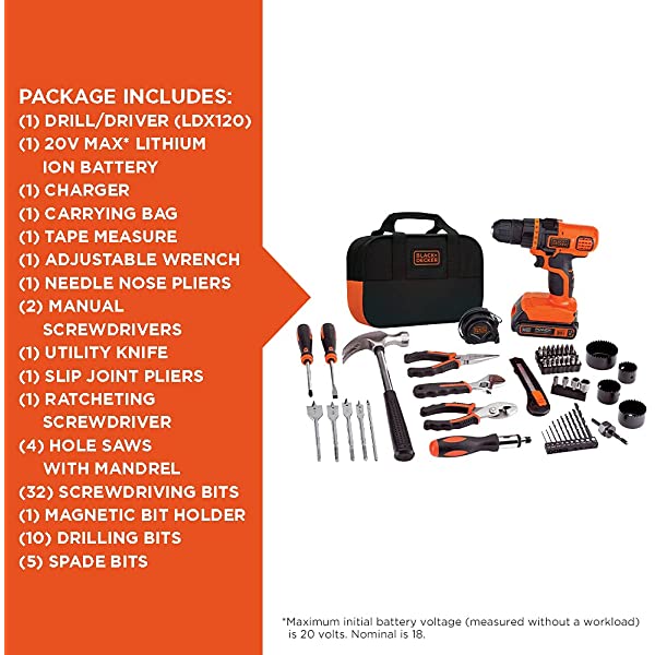 BLACK+DECKER 20V Max Drill & Home Tool Kit, 68 Piece (LDX120PK) 20V Home Tool Kit