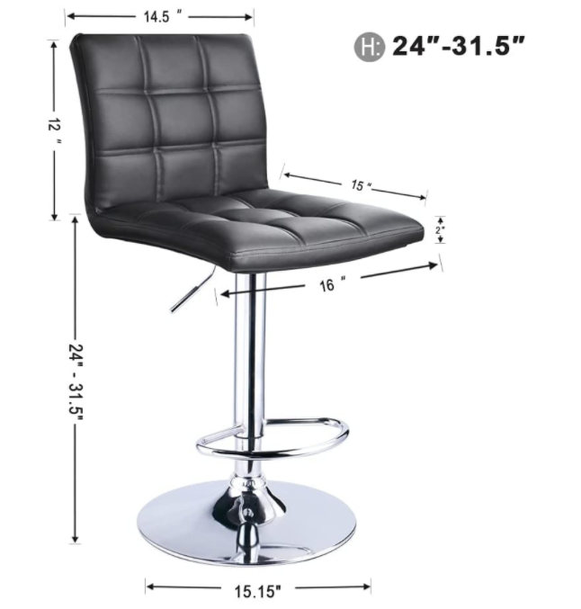 Modern Square PU Leather Adjustable Bar Stools with Back,Set of 2,Counter Height Swivel Stool by Leopard (Black)
