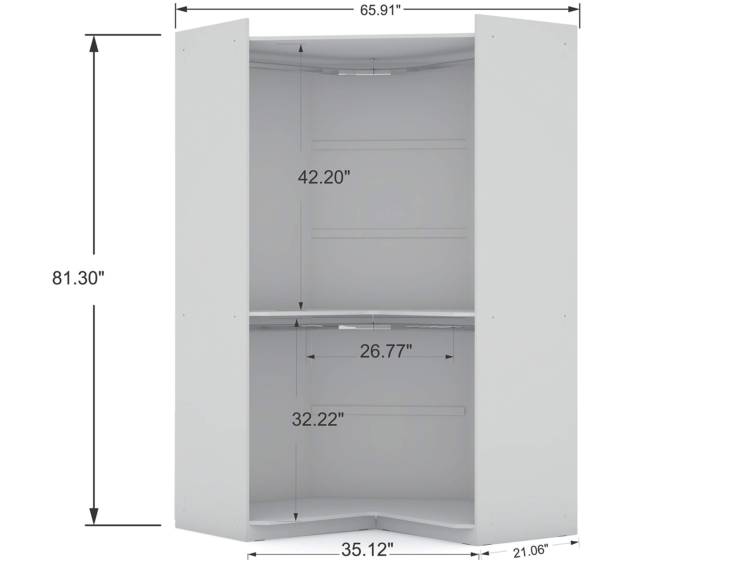【Furniture】Rockefeller Ultra Modern 2 Door Open Corner Bedroom Closet with Hanging Rods, 65.91