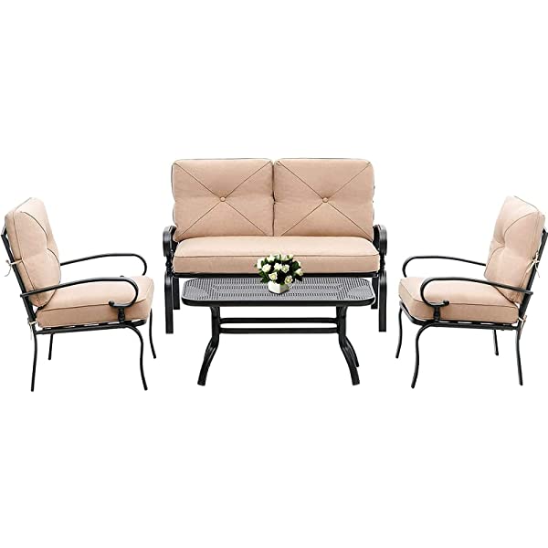 Oakmont Outdoor Furniture Patio Conversation Set Loveseat, 2 Chairs, Coffee Table with Cushion, Lawn Front Porch Garden, Metal Chair Set Wrought Iron Look (Red)