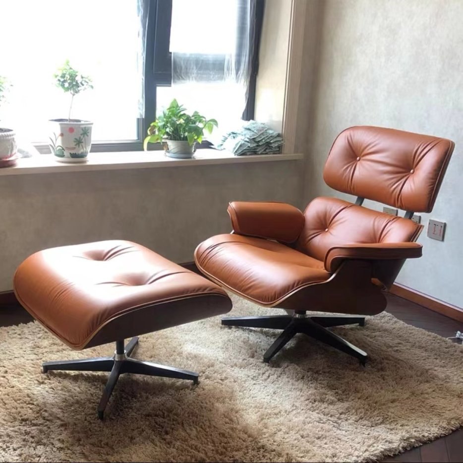 Genuine leather dining table with ottoman, classic mid-century lounge chair