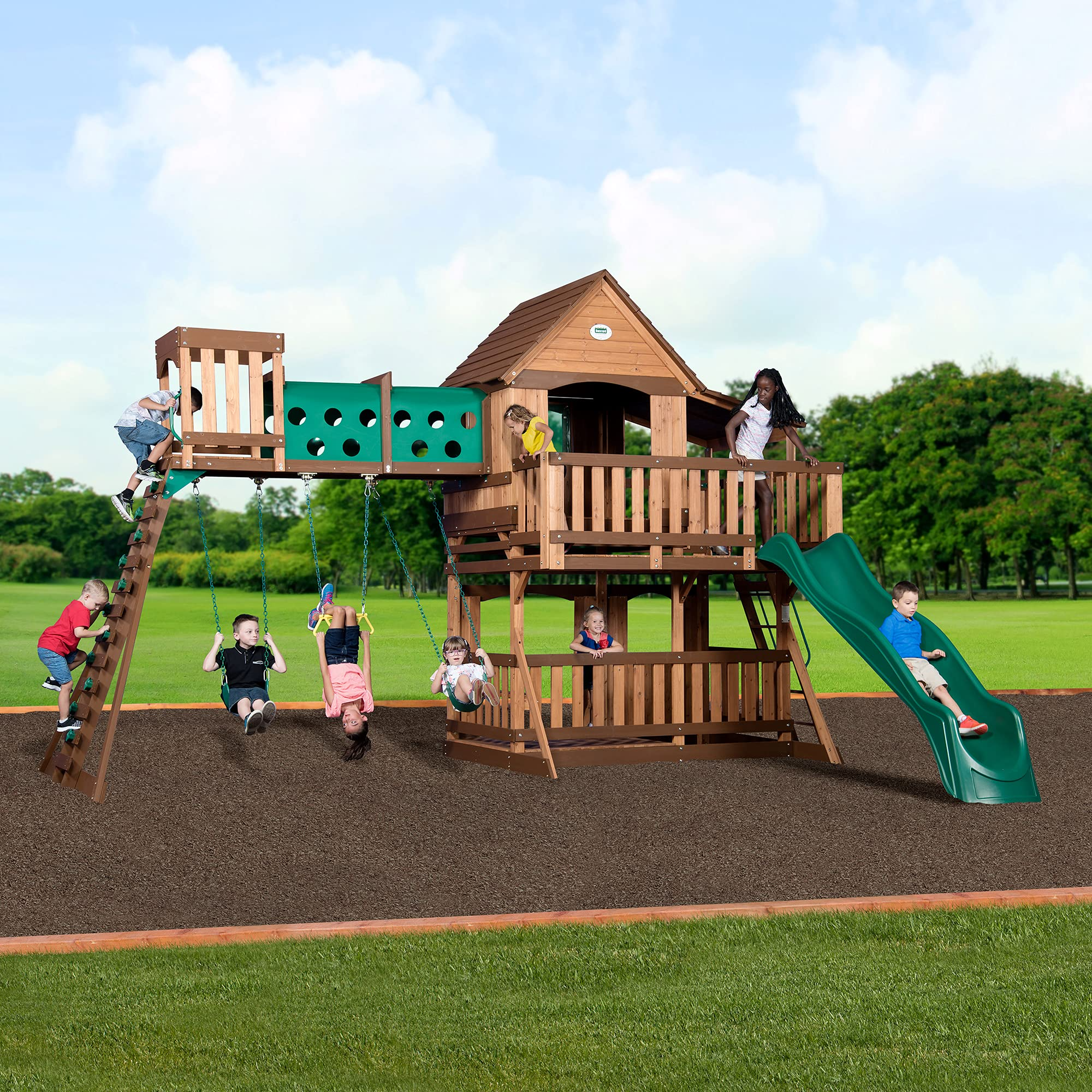 Woodridge Elite All Cedar Wood Swing Set, Upper and Lower Deck, Sandbox, Vented Tunnel