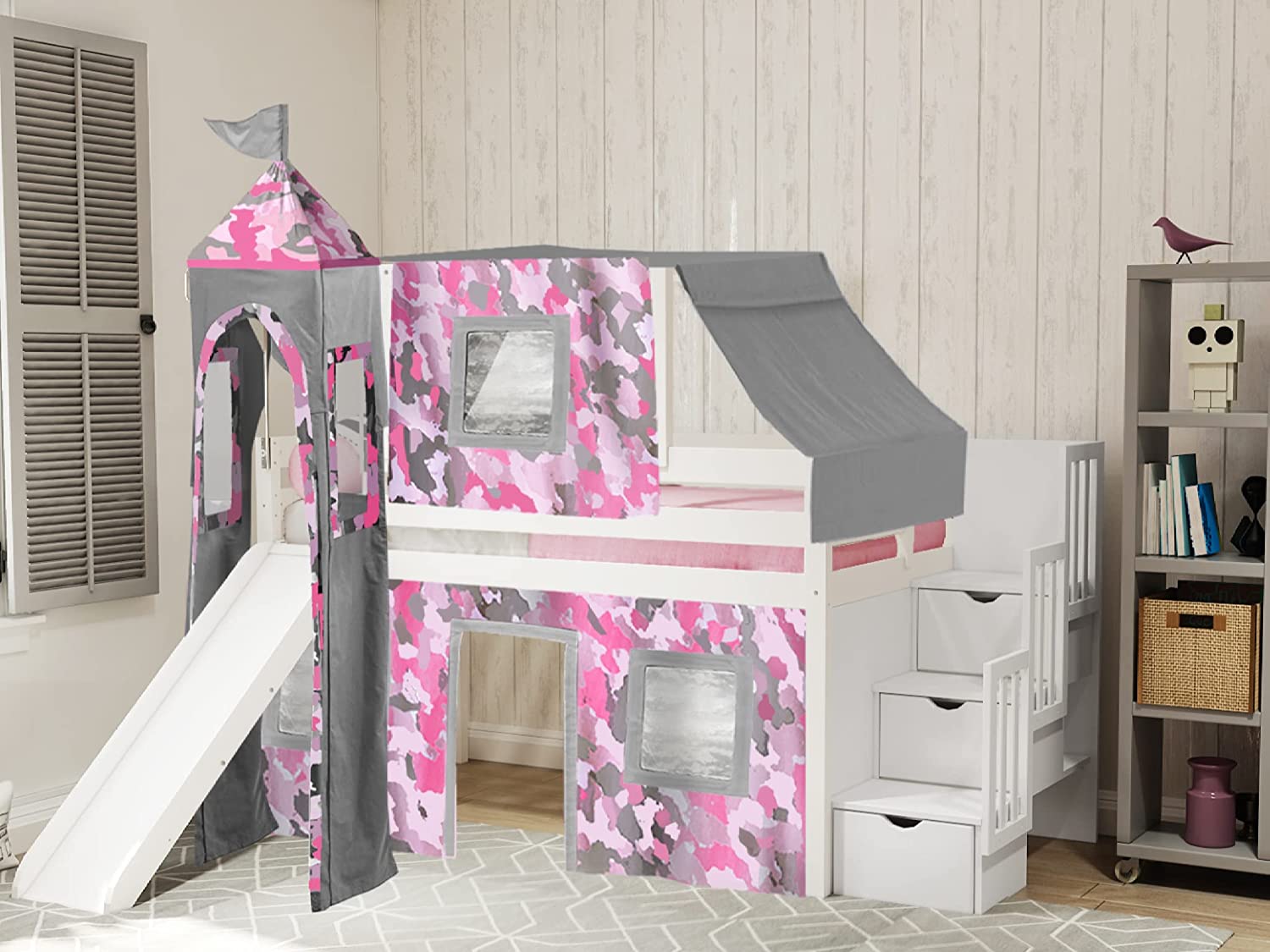 【Furniture】Princess Low Loft Stairway Bed with Slide Pink & White Tent & Tower, Loft Bed, Twin, White
