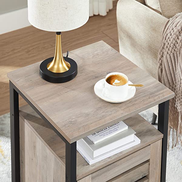 VASAGLE Nightstand, End Table with Open Shelf, Steel Frame, Bedroom, Industrial, Rustic Brown + Black