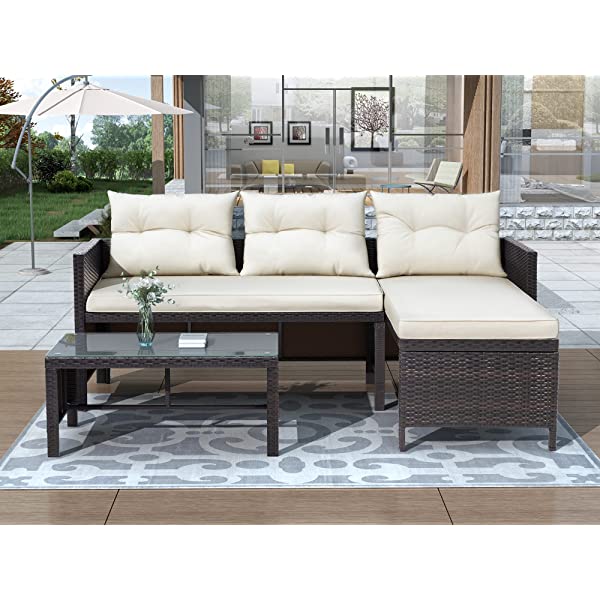 AWQM 5 Pieces Patio Furniture Sets All Weather Outdoor Sectional Sofa Manual Weaving Wicker Rattan Patio Conversation Set with Cushion and Glass Table, Brown 5 Piece Patio Furniture Sets