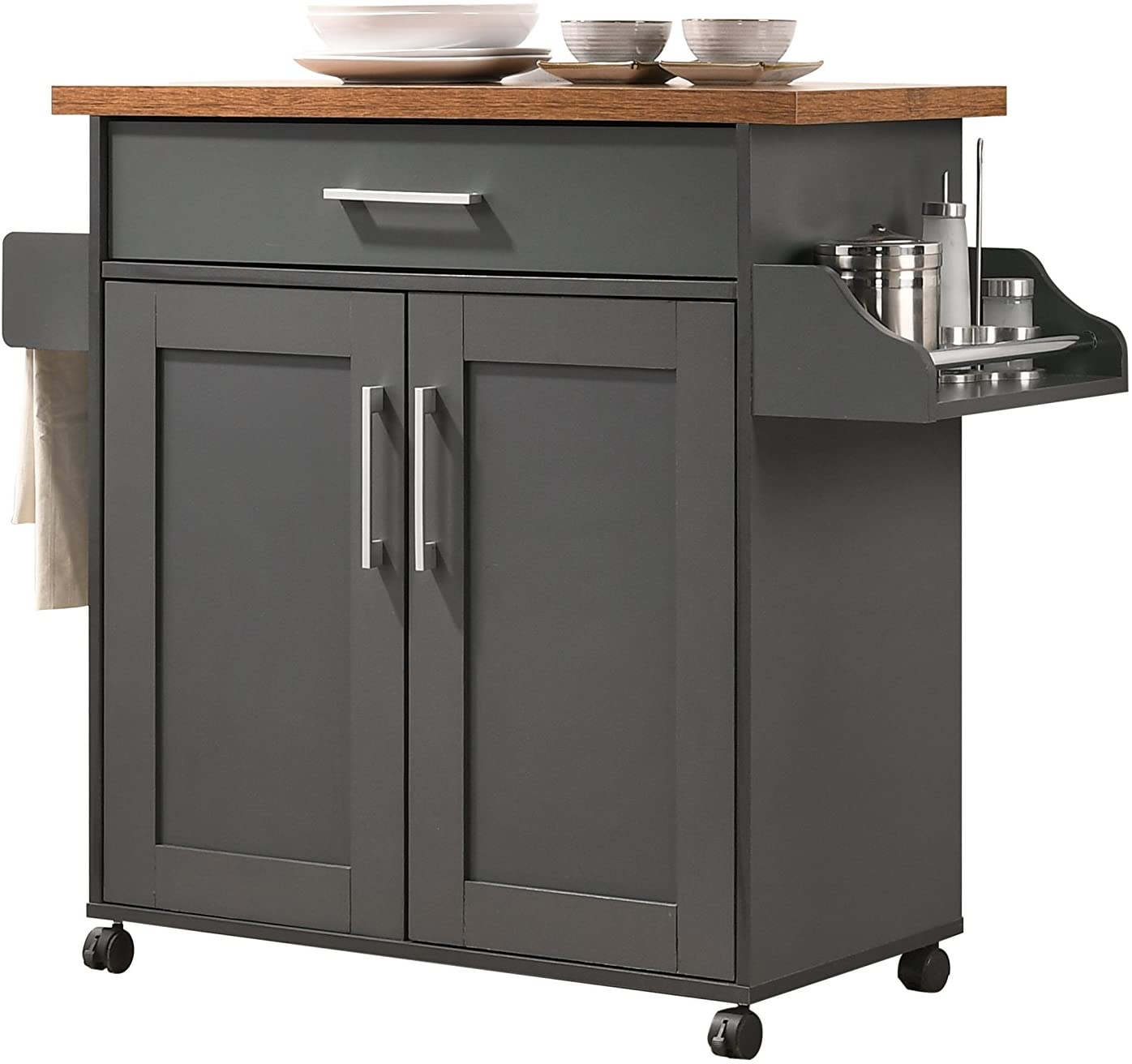Hodedah Kitchen Island with Spice Rack, Towel Rack & Drawer, Black with Beech Top