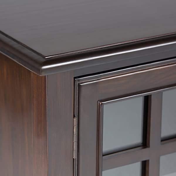 SIMPLIHOME Connaught SOLID WOOD 46 inch Wide Traditional Tall Storage Cabinet in Dark Chestnut Brown, with 2 Tempered Glass Doors that open to a Cabinet with 4 Adjustable Shelves an two Deep Drawers